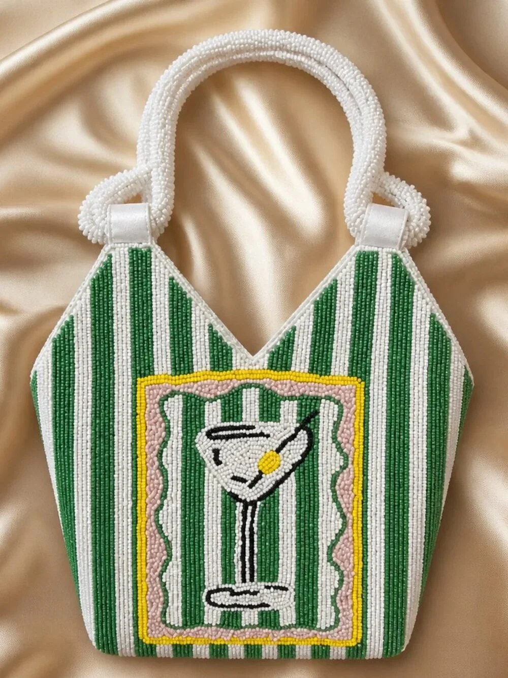 Martini Beaded Top Handle Bag | Green & White Striped | Handcrafted in India | N